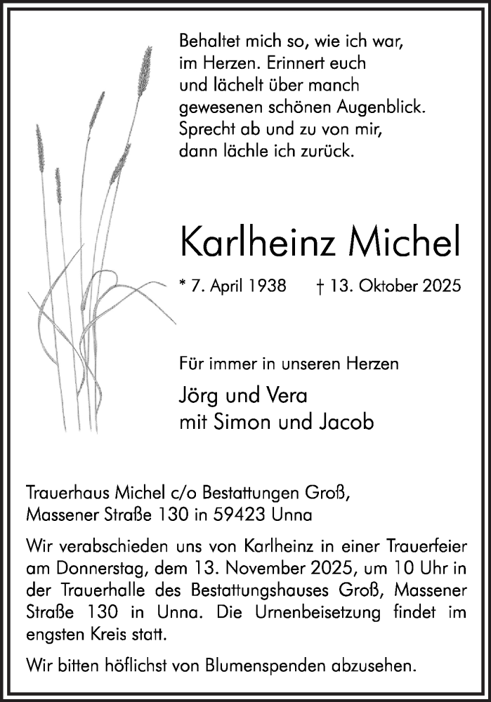  Traueranzeige für Karlheinz Michel vom 25.10.2025 aus Hellweger Anzeiger