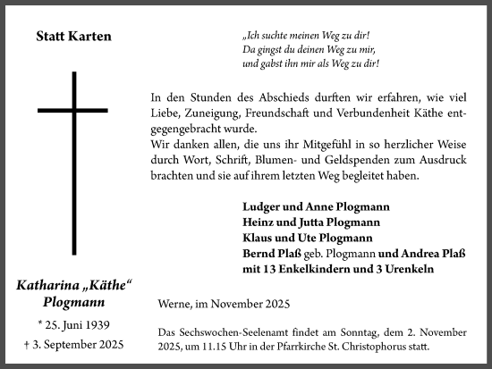 Traueranzeige von Katharina Plogmann von Ruhr Nachrichten