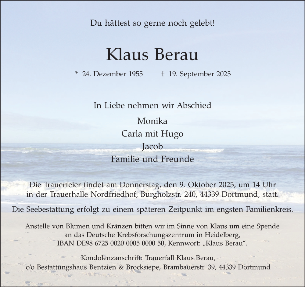  Traueranzeige für Klaus Berau vom 07.10.2025 aus Ruhr Nachrichten