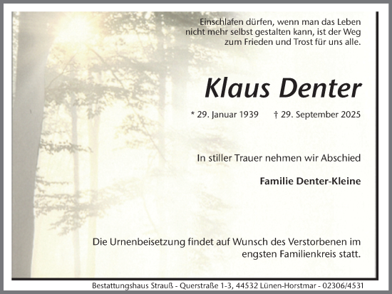 Traueranzeige von Klaus Denter von Lüner Anzeiger