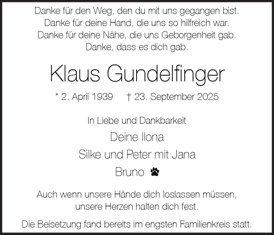 Traueranzeige von Klaus Gundelfinger von Trauer Vest