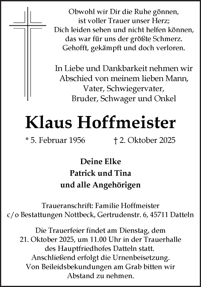  Traueranzeige für Klaus Hoffmeister vom 11.10.2025 aus Trauer Vest