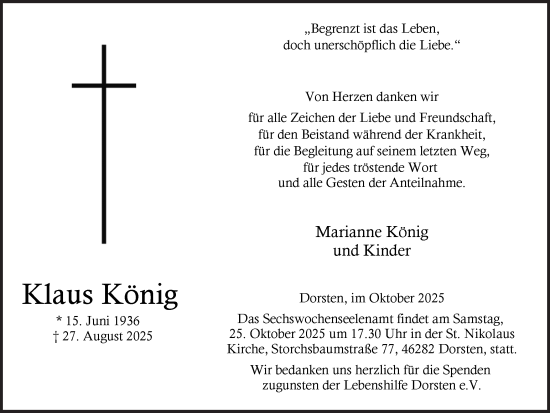 Traueranzeige von Klaus König von Ruhr Nachrichten und Dorstener Zeitung
