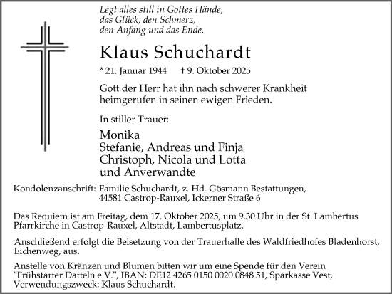 Traueranzeige von Klaus Schuchardt von Ruhr Nachrichten