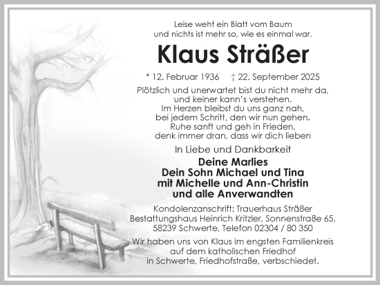 Traueranzeige von Klaus Sträßer von Ruhr Nachrichten