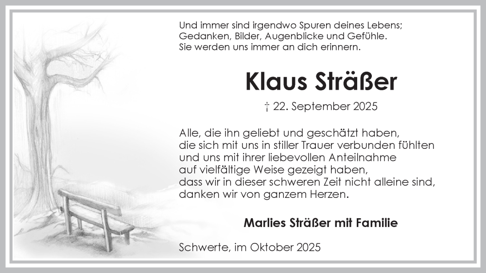  Traueranzeige für Klaus Sträßer vom 25.10.2025 aus Ruhr Nachrichten