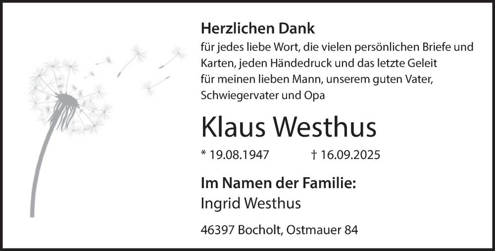  Traueranzeige für Klaus Westhus vom 28.10.2025 aus 