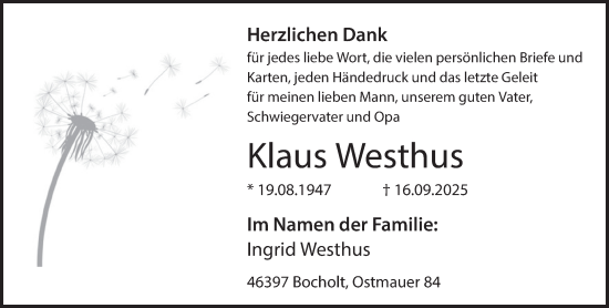 Traueranzeige von Klaus Westhus 