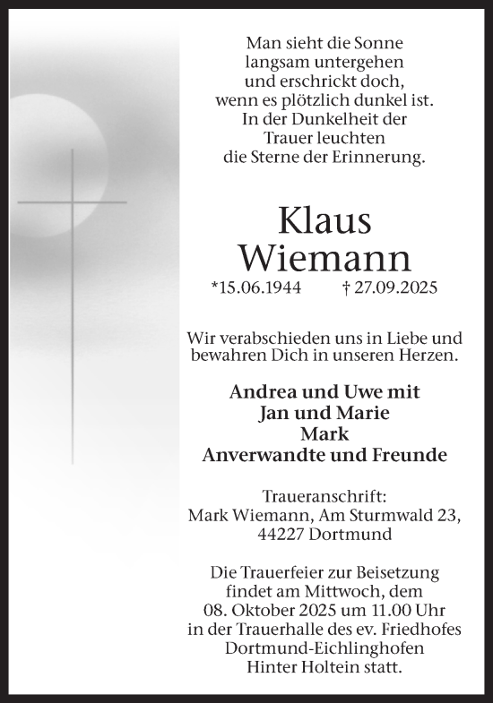 Traueranzeige von Klaus Wiemann von Ruhr Nachrichten