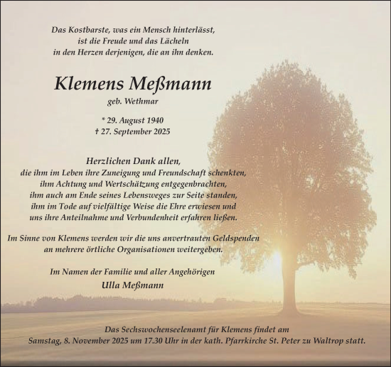 Traueranzeige von Klemens Meßmann von Trauer Vest