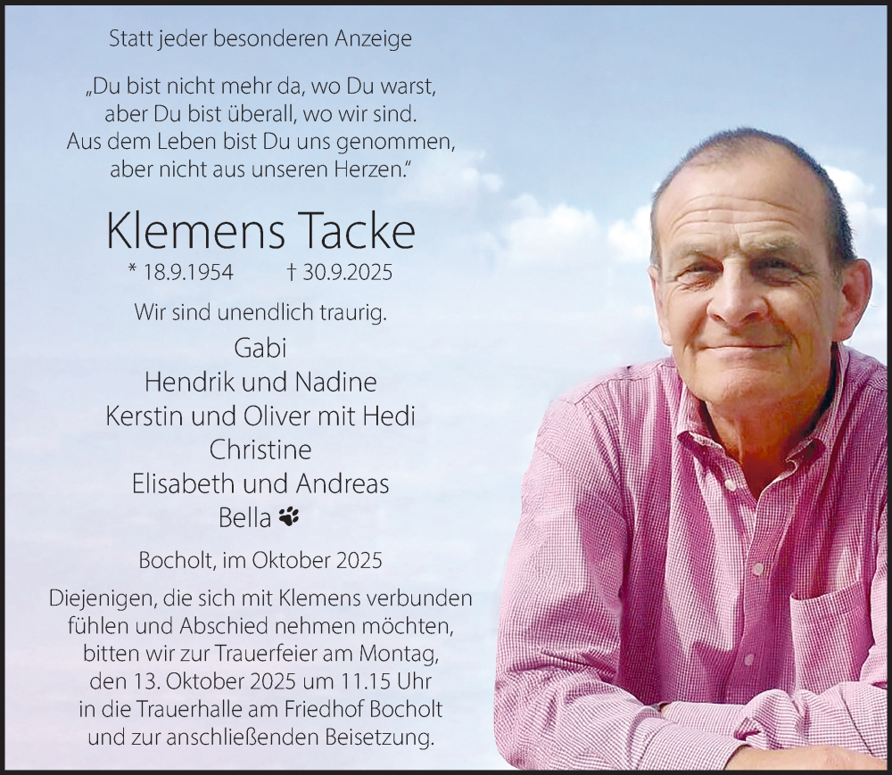  Traueranzeige für Klemens Tacke vom 08.10.2025 aus 