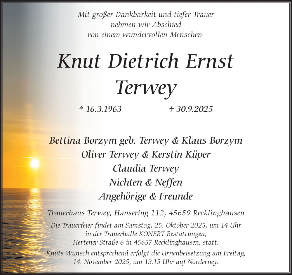  Traueranzeige für Knut Dietrich Ernst Terwey vom 18.10.2025 aus Trauer Vest