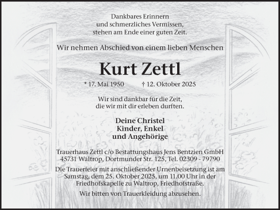Traueranzeige von Kurt Zettl von Trauer Vest