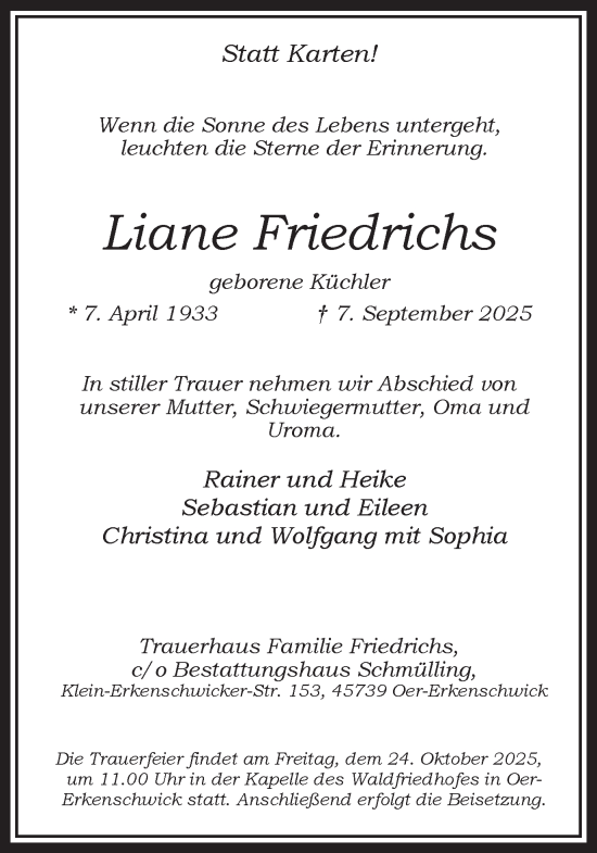 Traueranzeige von Liane Friedrichs von Trauer Vest