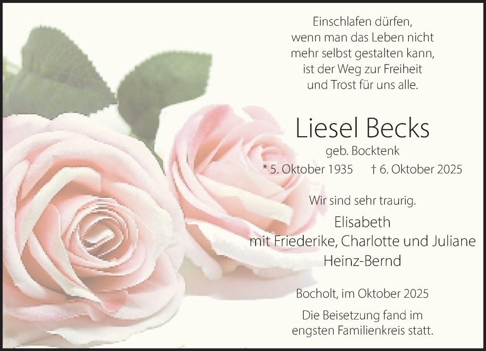 Traueranzeige für Liesel Becks vom 18.10.2025 aus 