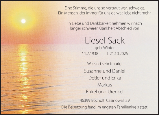 Traueranzeige von Liesel Sack 