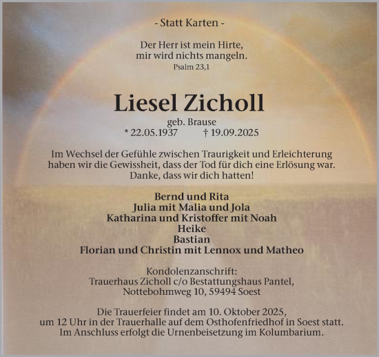 Traueranzeige von Liesel Zicholl von Hellweger Anzeiger