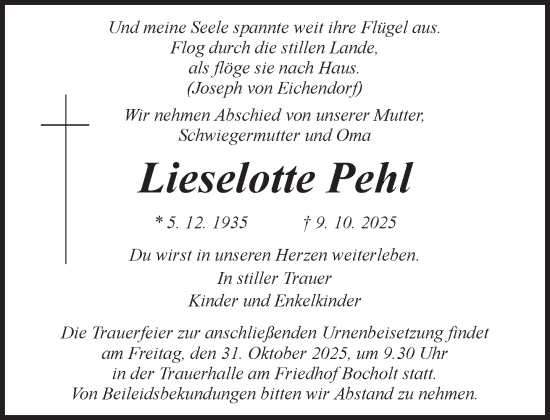 Traueranzeige von Lieselotte Pehl 