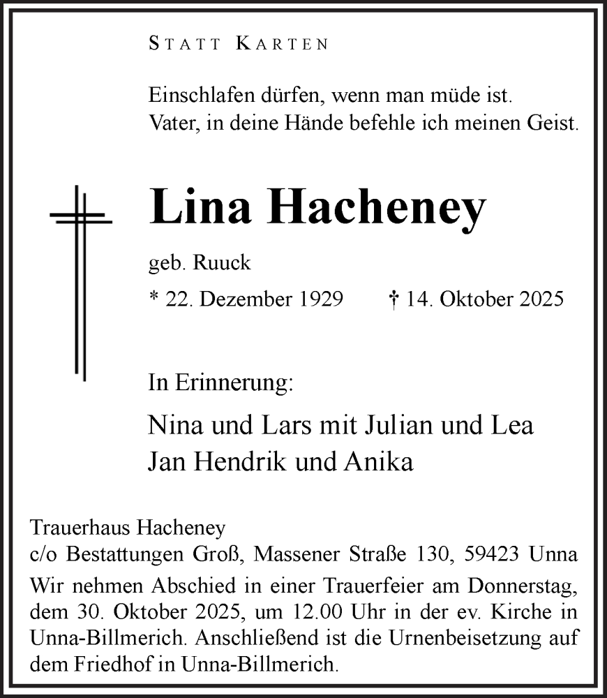  Traueranzeige für Lina Hacheney vom 18.10.2025 aus Hellweger Anzeiger