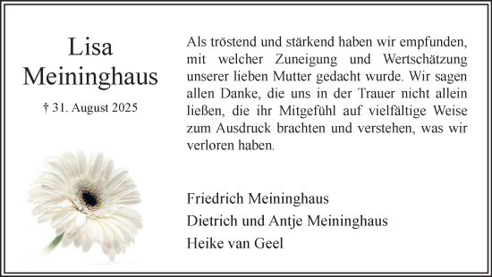 Traueranzeige von Lisa Meininghaus von Hellweger Anzeiger