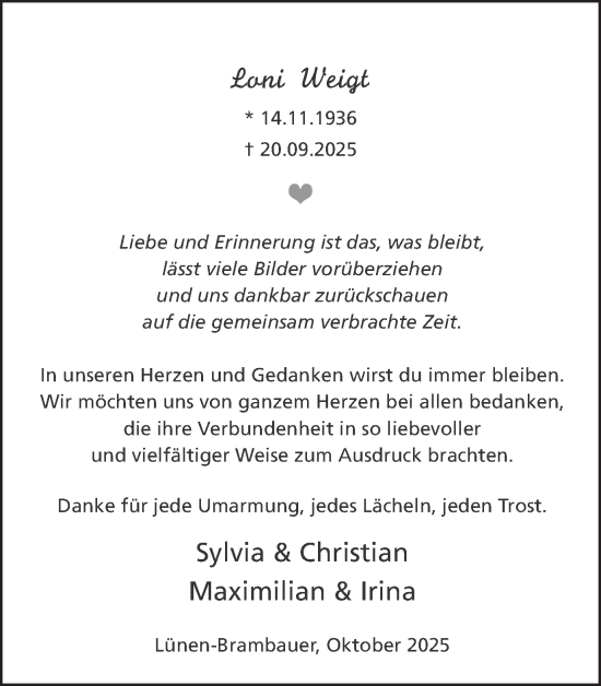 Traueranzeige von Loni Weigt von Lüner Anzeiger