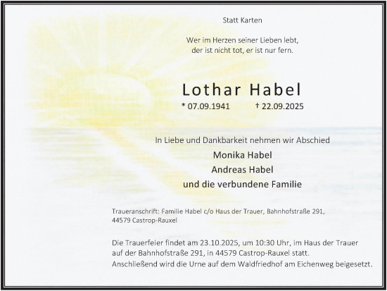 Traueranzeige von Lothar Habel von Stadtanzeiger Castrop-Rauxel