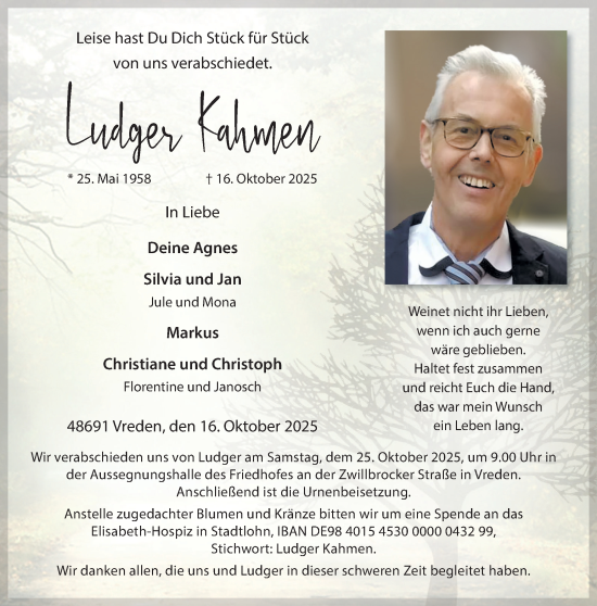 Traueranzeige von Ludger Kahmen von Münsterland Zeitung