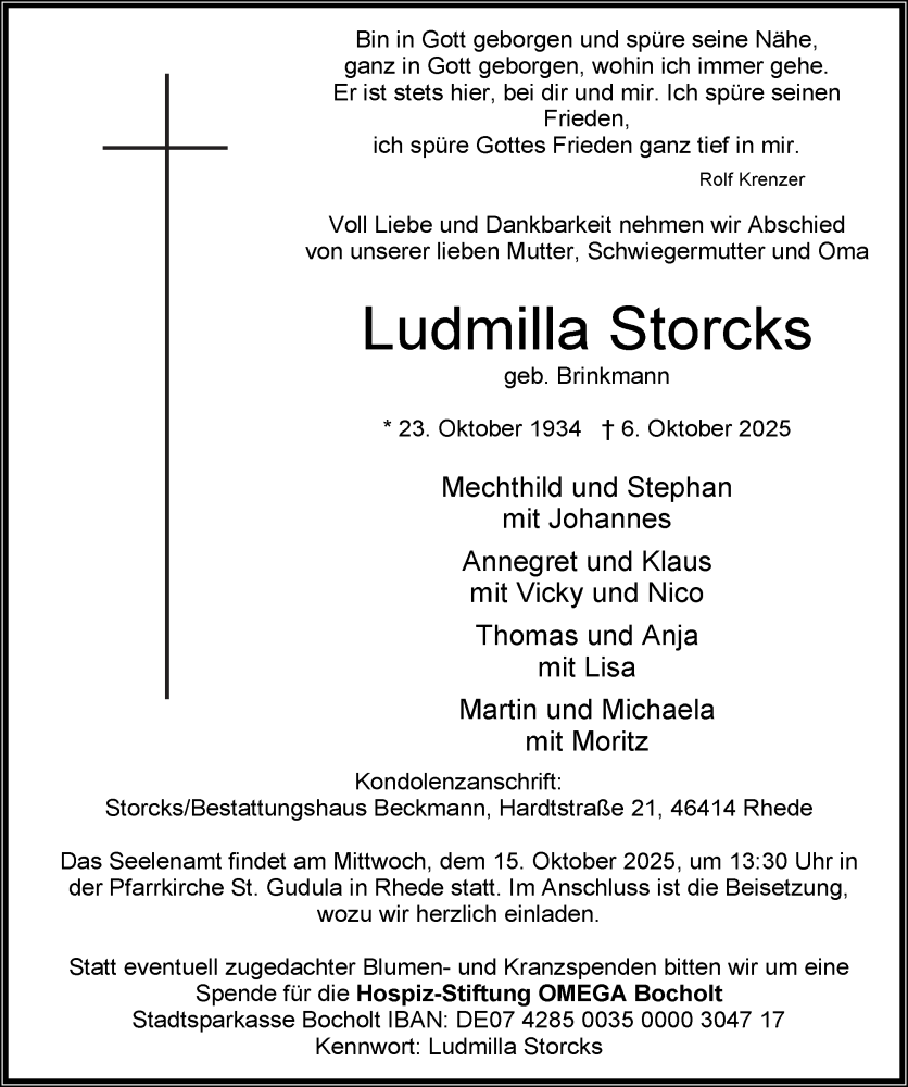  Traueranzeige für Ludmilla Storcks vom 11.10.2025 aus 