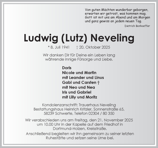 Traueranzeige von Ludwig Neveling von Ruhr Nachrichten