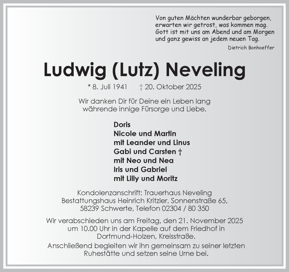  Traueranzeige für Ludwig Neveling vom 01.11.2025 aus Ruhr Nachrichten