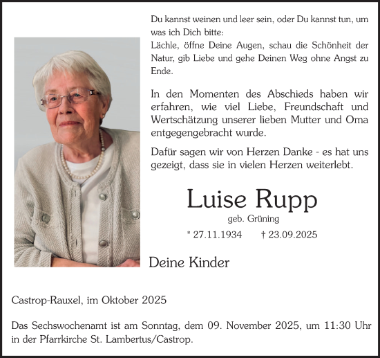 Traueranzeige von Luise Rupp von Stadtanzeiger Castrop-Rauxel