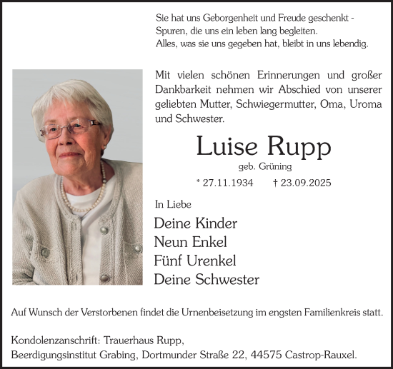 Traueranzeige von Luise Rupp von Ruhr Nachrichten