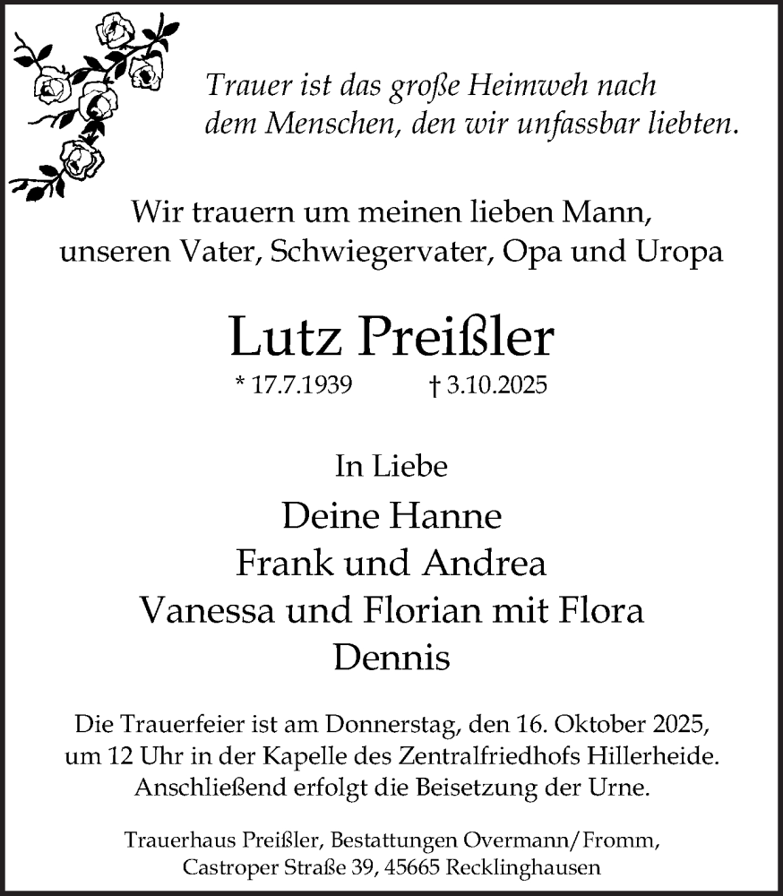  Traueranzeige für Lutz Preißler vom 11.10.2025 aus Trauer Vest