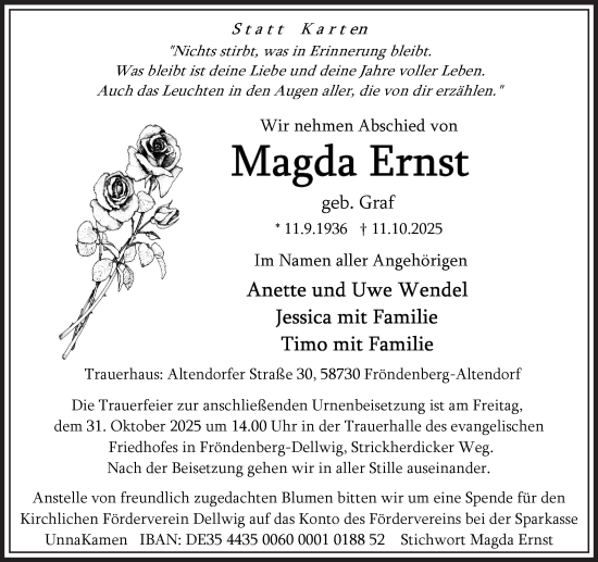 Traueranzeige von Magda Ernst von Hellweger Anzeiger