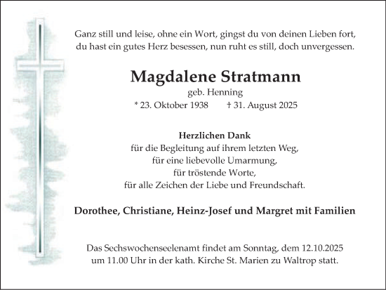Traueranzeige von Magdalene Stratmann von Trauer Vest