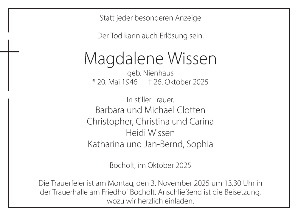  Traueranzeige für Magdalene Wissen vom 29.10.2025 aus 