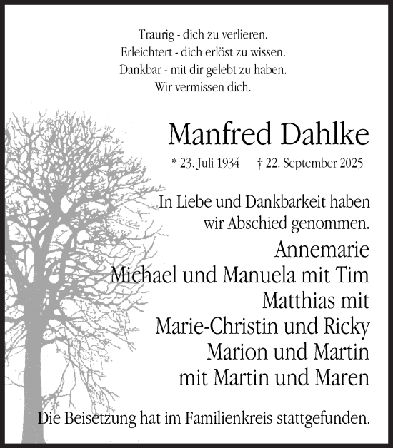 Traueranzeige von Manfred Dahlke von Ruhr Nachrichten und Dorstener Zeitung