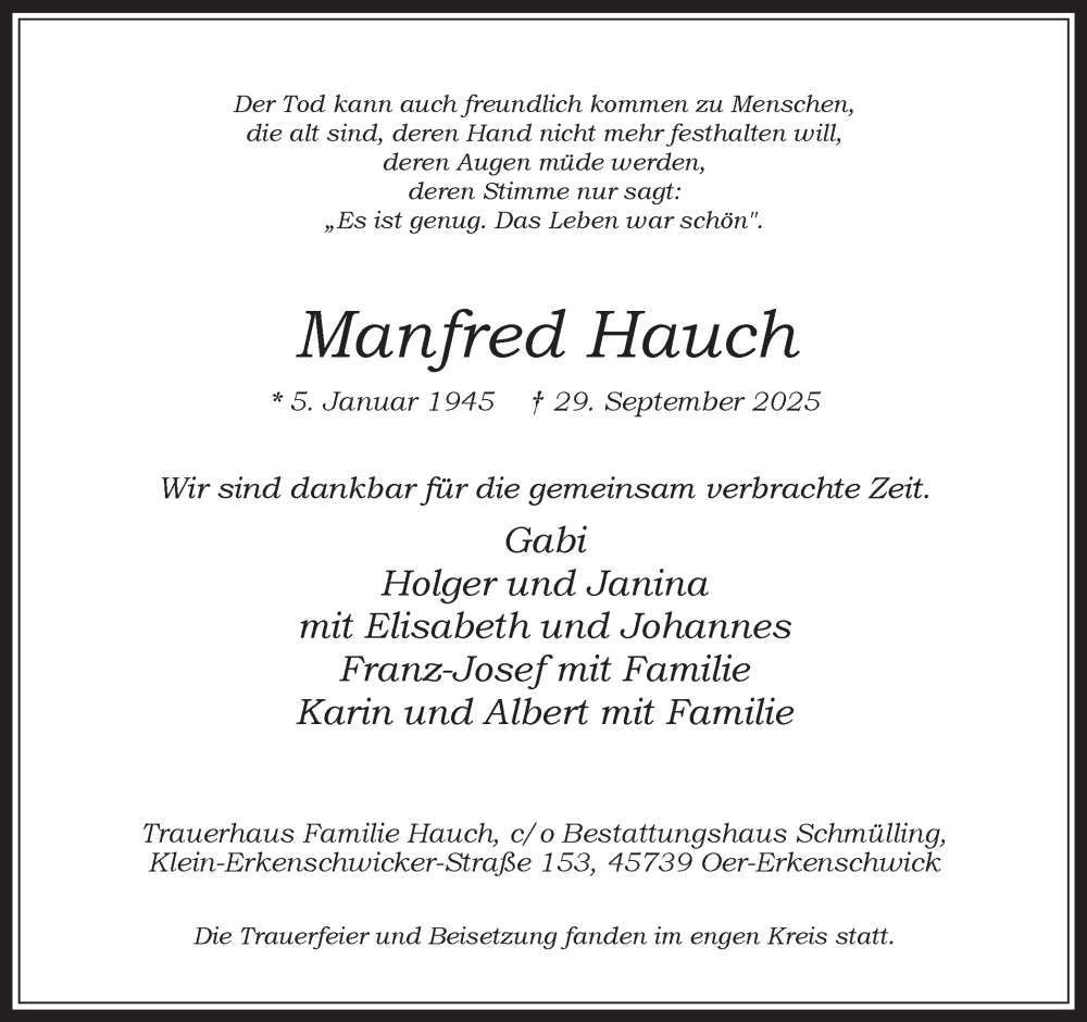  Traueranzeige für Manfred Hauch vom 01.11.2025 aus Trauer Vest