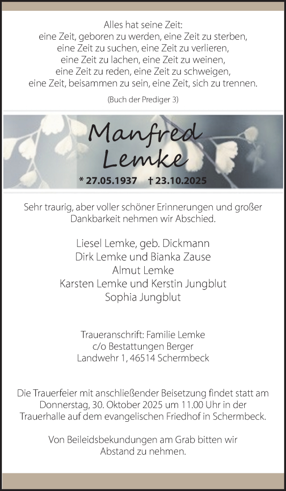  Traueranzeige für Manfred Lemke vom 28.10.2025 aus Ruhr Nachrichten und Dorstener Zeitung