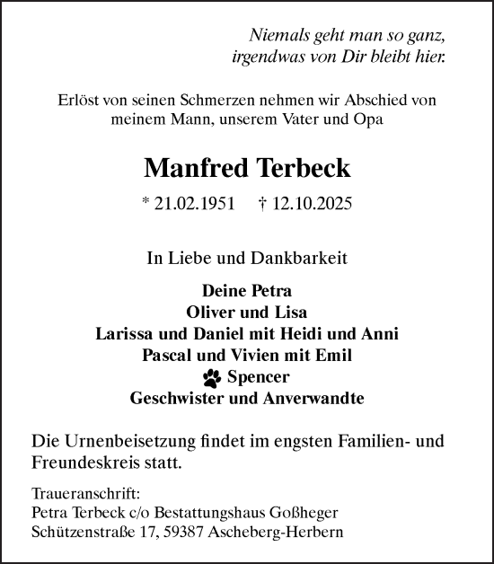 Traueranzeige von Manfred Terbeck von Ruhr Nachrichten