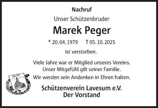 Traueranzeige von Marek Peger von Ruhr Nachrichten und Halterner Zeitung