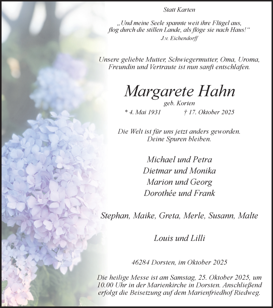  Traueranzeige für Margarete Hahn vom 22.10.2025 aus Ruhr Nachrichten und Dorstener Zeitung