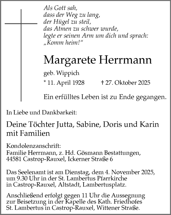 Traueranzeige von Margarete Herrmann von Stadtanzeiger Castrop-Rauxel