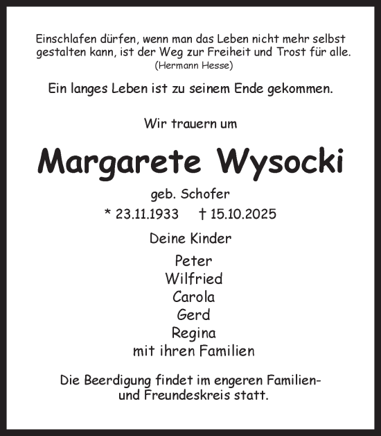 Traueranzeige von Margarete Wysocki von Trauer Vest