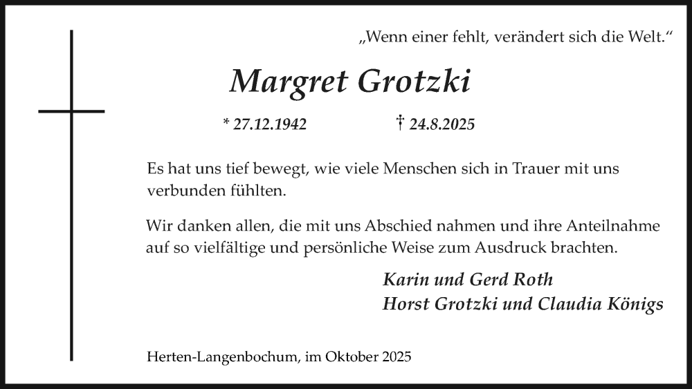  Traueranzeige für Margret Grotzki vom 18.10.2025 aus Trauer Vest