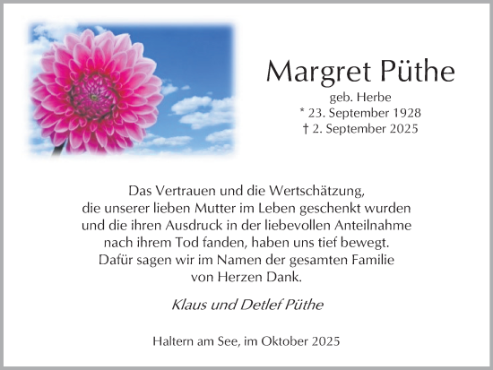 Traueranzeige von Margret Püthe von Ruhr Nachrichten und Halterner Zeitung