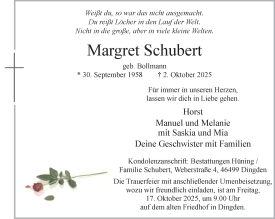 Traueranzeige von Margret Schubert 