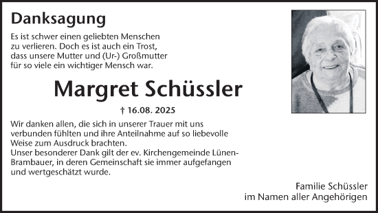 Traueranzeige von Margret Schüssler von Lüner Anzeiger