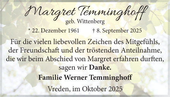 Traueranzeige von Margret Temminghoff von Münsterland Zeitung