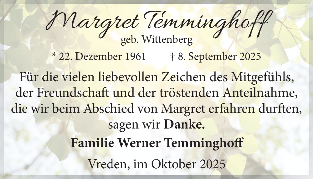  Traueranzeige für Margret Temminghoff vom 25.10.2025 aus Münsterland Zeitung